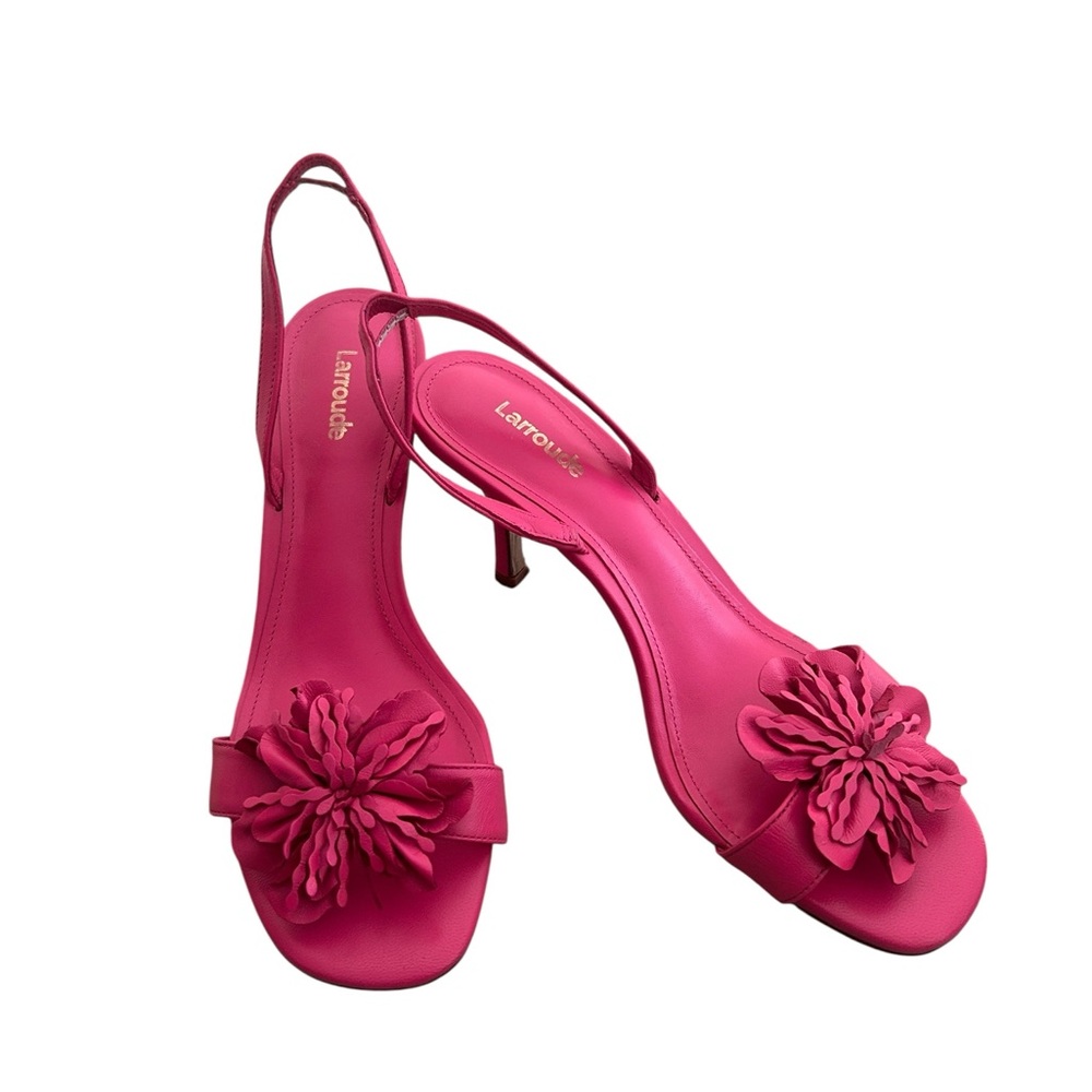 Larroude Fuchsia pink hibiscus Flower slingback heeled sandals in box size 8.5 - Picture 3 of 15